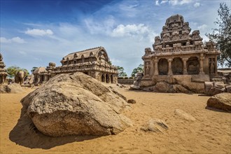 Five Rathas, ancient Hindu monolithic Indian rock-cut architecture. Mahabalipuram, Tamil Nadu,