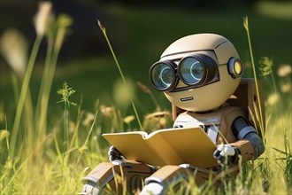 AI learning concept, a cute robot reading a book in a summer meadow. The image captures the harmony