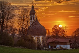 Sunset, Church of St John the Baptist and the Holy Cross, Westerndorf, Pang, Bavaria, Germany,