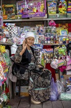 Old woman selling toys and magazines, market stall at Osh Bazaar, Bishkek, Kyrgyzstan, Asia