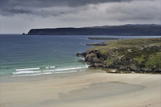 Rain clouds over Durness beach, Sutherland, Scottish Highlands, Scotland, UK