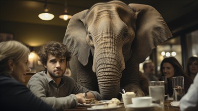 Group of family and friends at the dinner table ignoring the elephant in the room. generative AI