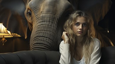 Contemplative young woman sitting in A daze ignoring the elephant in the room. generative AI