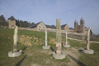 Sculptures Disibodenberg Stelae and UNESCO Neo-Romanesque St. Hildegard Abbey and Monastery,