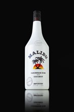 MINSK, BELARUS, OCTOBER 3, 2016: Bottle of Malibu Rum, internationaly renowned coconut flavored