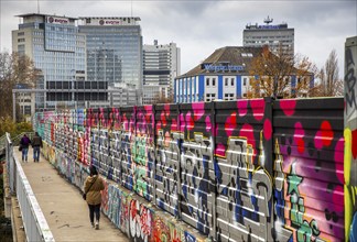 Noise barrier on the A40 motorway, Essen, Graffiti pictures, Essen, North Rhine-Westphalia,