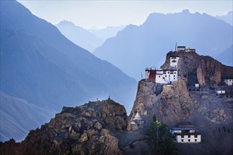 Dhankar gompa (monastery) on cliff. Dhankar, Spiti valley, Himachal Pradesh, India, Asia