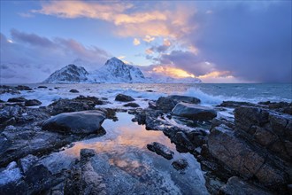 Beach of Norwegian sea on rocky coast in fjord on sunset in winter. Vareid beach, Lofoten islands,