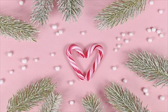 Christmas candy cane sweets forming heart on pink background