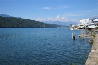 Lake, shore, wooden footbridge, summer, Lake Millstatt, Millstatt, Carinthia, Austria, Europe