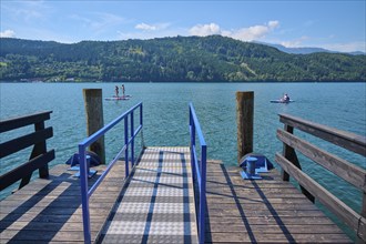 Lake shore, jetty, summer, Lake Millstatt, Millstatt, Carinthia, Austria, Europe