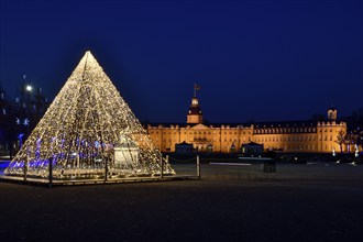 Christmas illuminated pyramid, blue hour, Karlsruhe Castle, Karlsruhe, Baden-Württemberg, Germany,