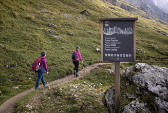 Two hikers, shield, Odle, Geisler peaks, Puez-Odle nature Park, Seceda, Val Gardena, Trentino,