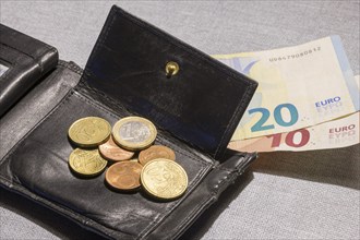 Wallet with coins and notes, euro, Germany, Europe