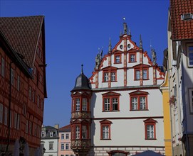 Town house (centre) and half-timbered houses in the town centre, Coburg, Upper Franconia, Bavaria,