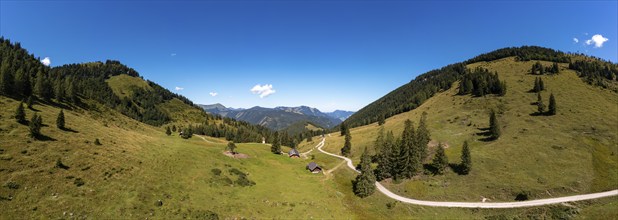 Drone image, alpine hut on the Niedergadenalm, Osterhorngruppe, Salzkammergut, Land Salzburg,