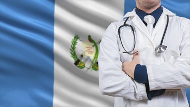 Doctor with stethoscope on guatemala flag. Doctor arms crossed with stethoscope on Guatemala flag,