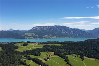 Drone shot, panorama shot, agricultural landscape, Oberaschau with Attersee and Höllengebirge,