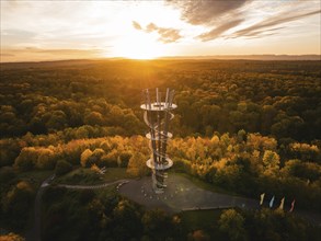 Aerial view of the Schönbuchturm in autumn forest at sunrise, Herrenberg, Germany, Europe