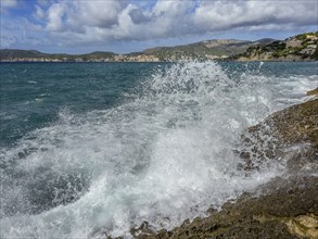 Surf, spray, waves breaking on the rocky coast, behind Peguera, Majorca, Spain, Europe