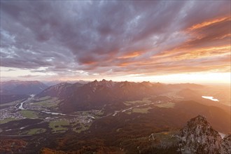 Magnificent view from the Säuling summit near Füssen. Dramatic sunset over the Lechtal valley near