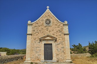 Chapel, façade, entrance door, blue cloudless sky, Toplou, Orthodox Monastery, East Crete, Lassithi