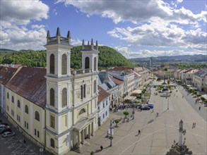 View of the Cathedral of St. Francis Xavier and the main square from the clock tower, Banská