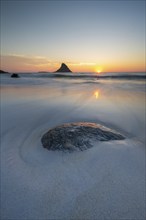 Sandy beach beach with island in the sea near Bleik, sunset, Andoya Island, Vesterålen, Northern