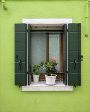 Window with flowers on a green house facade, colourful houses on the island of Burano, Venice,