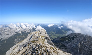 Rocky narrow mountain ridge with mountain panorama, mountain tour to the summit of the Hochkalter,