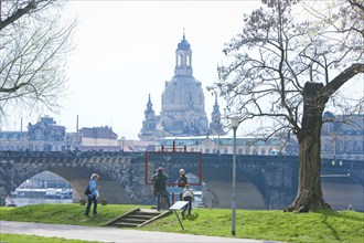 Dresden silhouette in spring. Numerous Japanese cherry trees blossom on the banks of the Neustädter