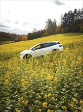 Volkswagen ID4 electric car in a rape field, Black Forest, Gechingen, Germany, Europe