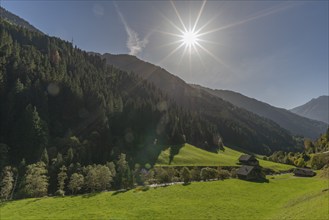 Agriculture, Alpine pasture in the Zillergrund valley, Ziller mountain stream, Alpine meadow,