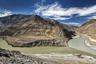 Confluence of Indus and Zanskar Rivers in Himalayas. Indus valley, Ladakh, India, Asia