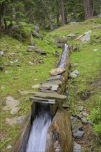 Wooden channel of the Kandelwaal, Martell, South Tyrol, Italy, Europe