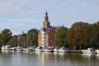 Boats at the leisure harbour on the river Leda, Leer, East Frisia, Lower Saxony, Germany, Europe