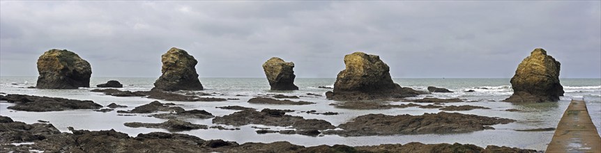 Sea stacks at the Plage des Cinq Pineaux at Saint-Hilaire-de-Riez, La Vendée, Pays de la Loire,