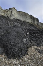 Black Ven landslide on beach between Lyme Regis and Charmouth along the Jurassic Coast, Dorset,