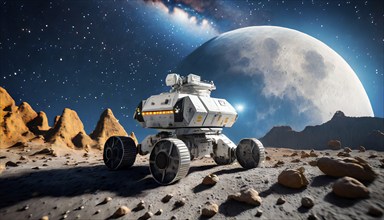 Science fiction, space travel, a robotic vehicle Luna Rover exploring the moon, AI generated