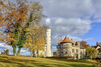 Lichtenstein Castle, a historicist building in neo-Gothic style, above the village of Honau,