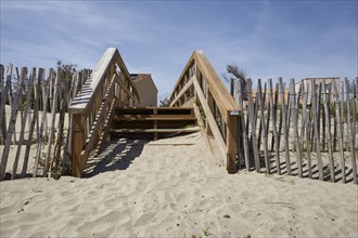 Access and protective fence to prevent erosion on the beach at Frontignan, Hérault, Occitania,