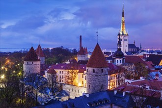 Aerial view of Tallinn Medieval Old Town illuminated in night, Estonia, Europe