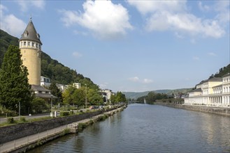 The Lahn with spring tower, Bad Ems an der Lahn, Rhineland-Palatinate, Germany, Europe