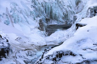 Icy and snow-covered Kolugljufur Canyon, Northern Iceland Vestra, Iceland, Europe