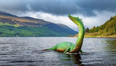 Mythology, the mythical creature Nessie, the Loch Ness monster, in Loch Ness in Scotland, AI