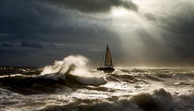 Storm surge, hurricane-like storm, stormy weather with high waves and a sailing boat on the sea, AI