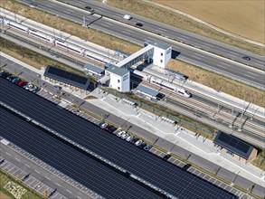 Deutsche Bahn AG ICE train passing through Merklingen Swabian Alb station on the new Stuttgart to