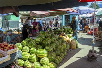 Market stall selling watermelons, Uzgen Bazaar, Ösgön, Osh region, Kyrgyzstan, Asia