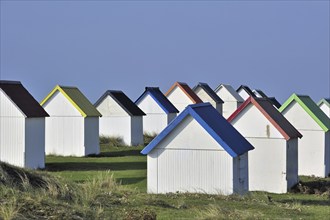 Colourful beach cabins at Gouville-sur-Mer, Normandy, France, Europe