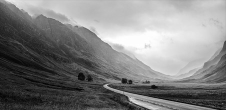 Panorama of Glencoe Roa in Black and White, Glencoe, Scotland, UK